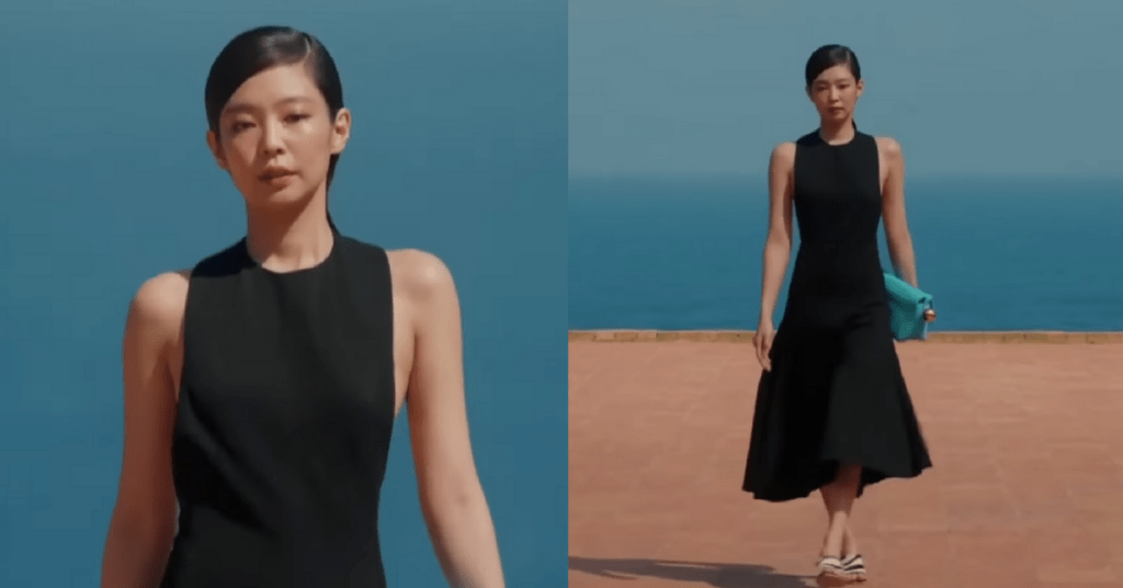 jennie from black pink wearing jacquemus black dress in capri