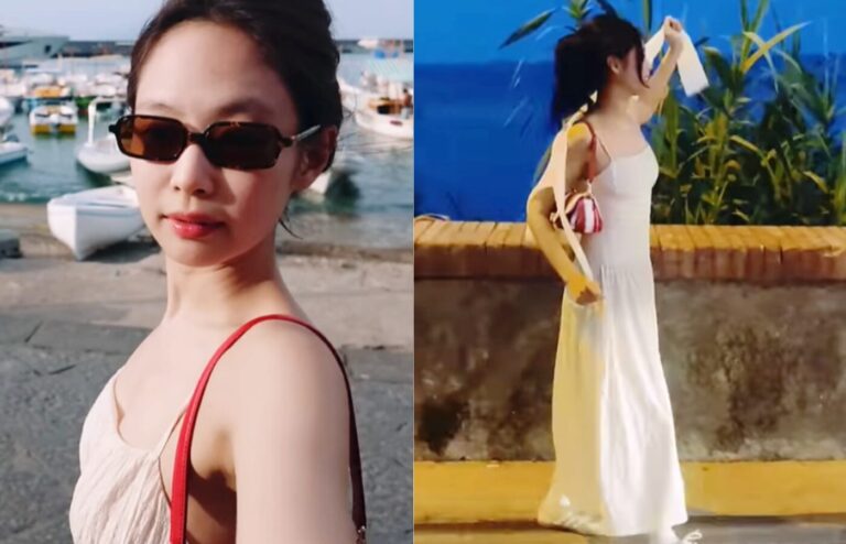 Black Pink Jennie Wearing AND YOU ivory long dress in Capri