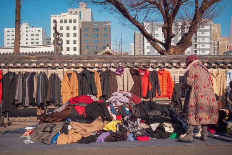 Vintage clothes sold on the street in Dongmyo Flea market in Seoul South Korea