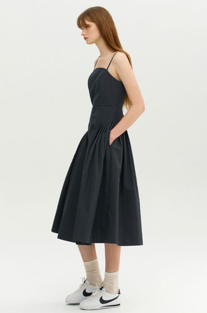 K-Fashion AND YOU Sorrento Tuck Detail Sleeveless Long Dress Charcoal color available on WConcept