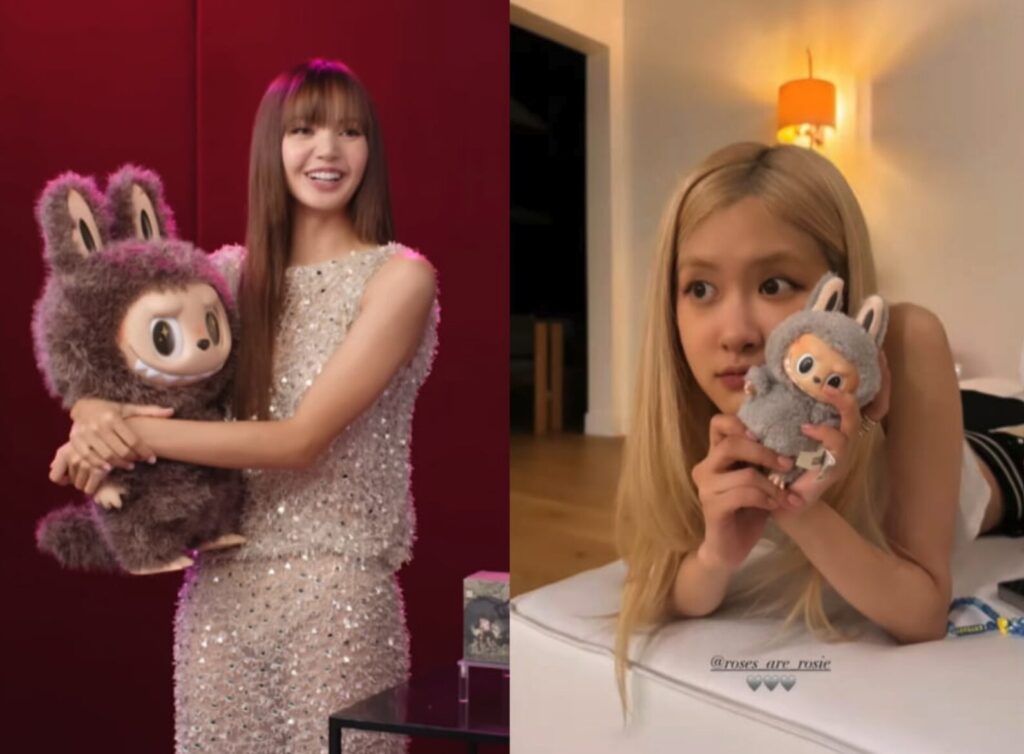 Lisa and Rose from Blackpink K-celebrities holding Labubu figures