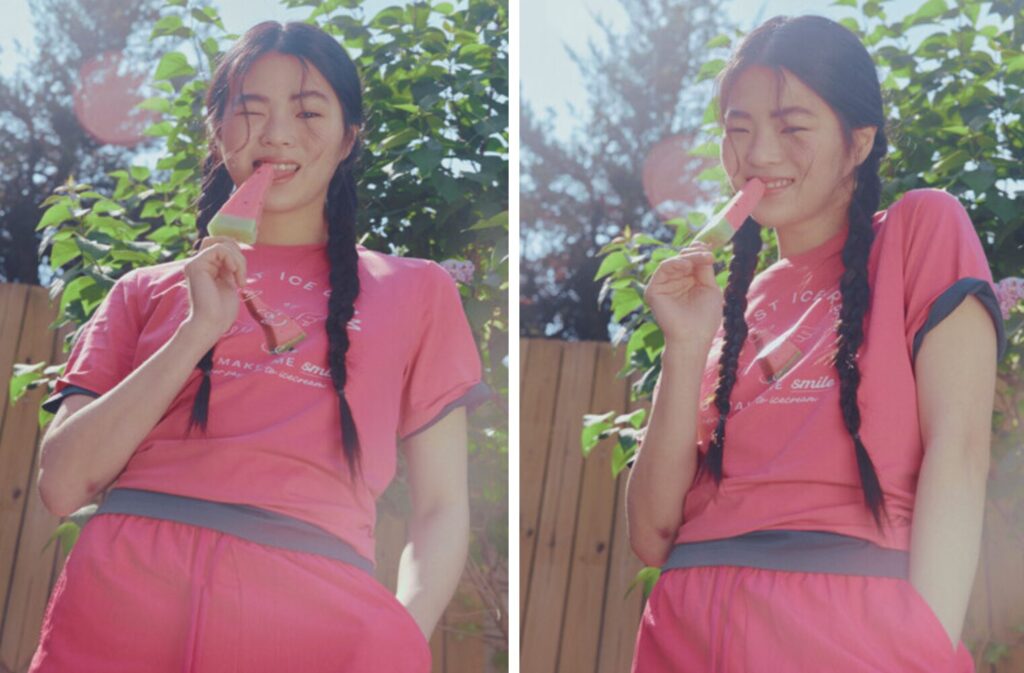 A Korean female model wearing POLHAM Lotte JokBak Cool Cotton Short Sleeve T-Shirts