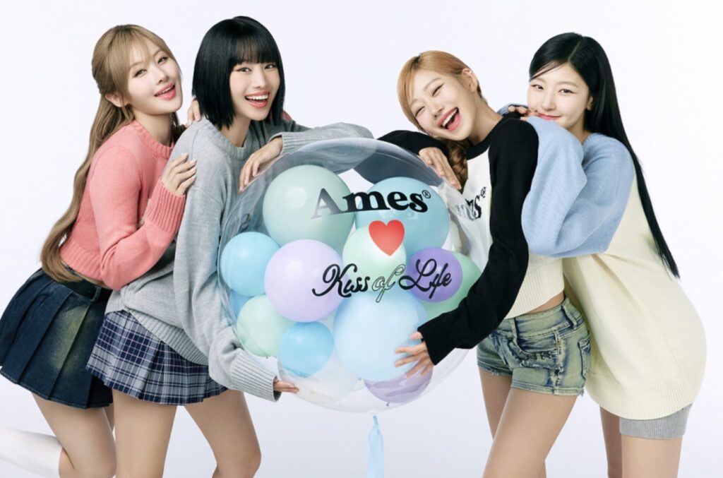 K-pop girl group KISS OF LIFE holding a balloon for K-fashion brand Ames Worldwide