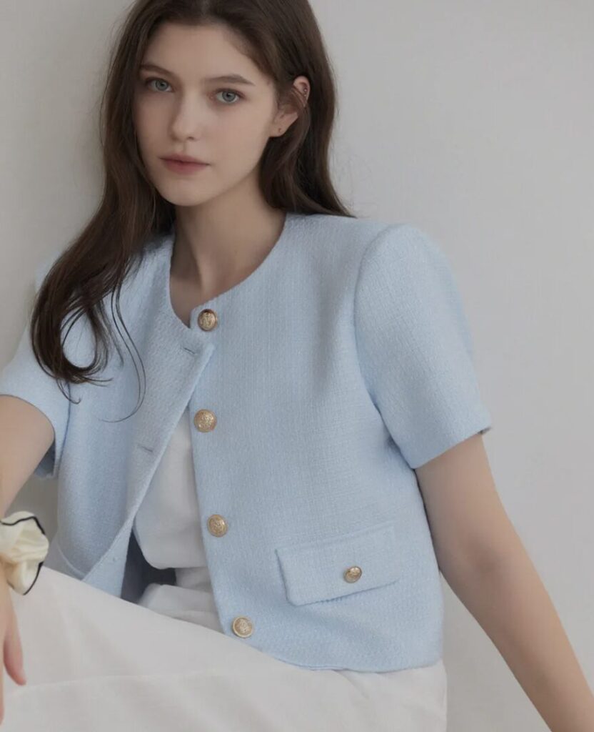 Korean style business outfit Hermi Tweed Short Sleeve Jacket light blue on MUSINSA global
