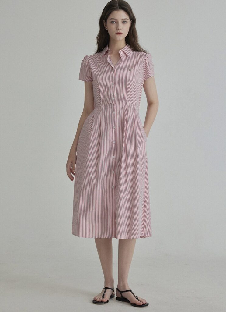 K-fashion summer workwear Hikan Stripe Collar Pintuck Long One Piece Pink on MUSINSA Global