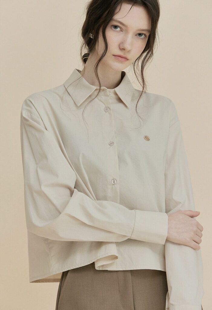K-fashion Work Clothing Twee Liez Crop Symbol Shirt Beige Color on MUSINSA Global